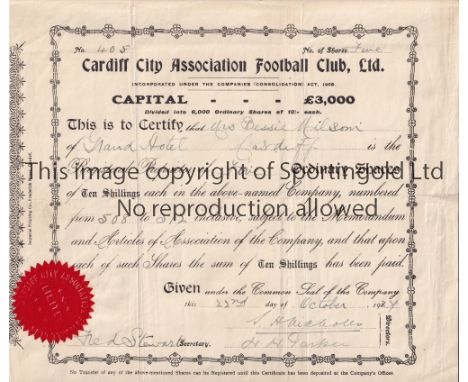 CARDIFF CITY     Share certificate for 5 ordinary shares dated 22/10/1927. Minor tears.    Generally good