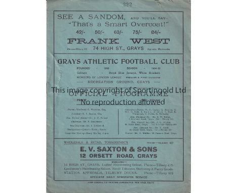 GRAYS / PARK ROYAL   Programme Grays Athletic v Park Royal London League 16/3/1935. Some light creasing. No writing. Generall