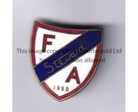 FA 1958   Football Association metal and enamel pin badge, "Steward 1958",  red lettering on white background with blue banne
