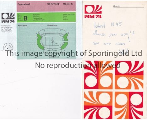 WORLD CUP 1974 WEST GERMANY      Ticket in an official folder for Scotland v Brazil 18/6/1974 in Frankfurt.   Good