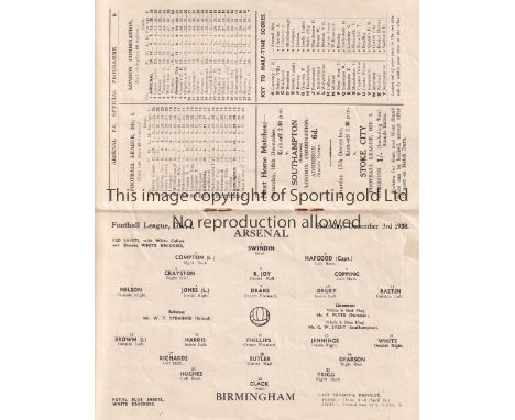 ARSENAL V BIRMINGHAM CITY 1938      Programme for the League match at Arsenal 3/12/1938.   Generally good