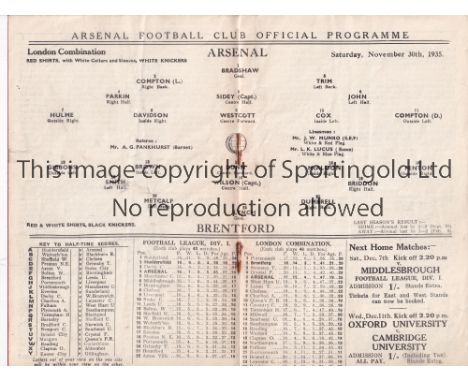 ARSENAL / BRENTFORD      Programme Arsenal Reserves v Brentford Reserves 30/11/1935. Light staple rust and light vertical fol