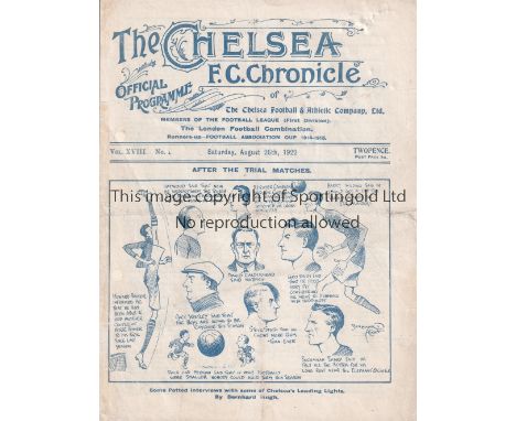 CHELSEA  / BIRMINGHAM   Programme Chelsea v Birmingham City 26/8/1922. Not ex Bound Volume. Light horizontal fold. Restored p