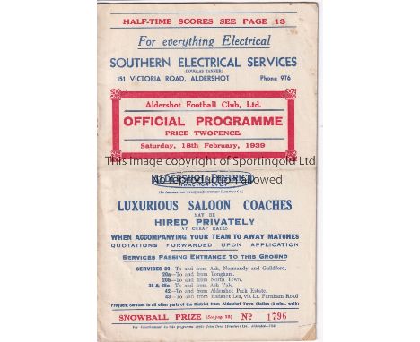 ALDERSHOT    Programme for the home Division 3 match against Brighton &amp; Hove Albion 18/2/1939. Light horizontal fold. No 