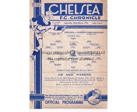 CHELSEA       Home programme v Queen's Park Rangers Football League War Cup 22/3/1941. Single sheet. Team changes in pencil. 