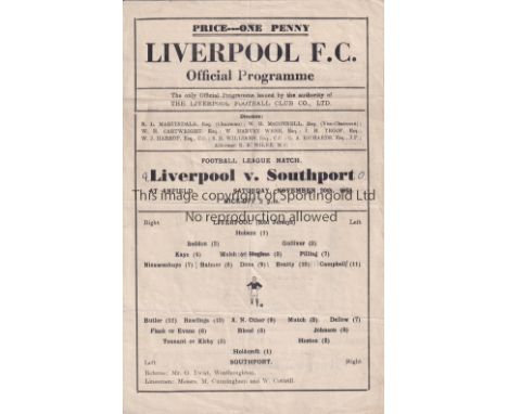 LIVERPOOL    Single sheet programme Liverpool v Southport War League 20/11/1943. Score inserted. Light horizontal folds. Fair