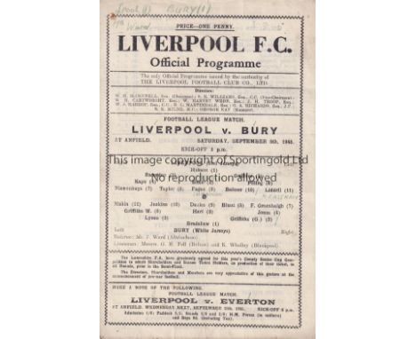 LIVERPOOL v BURY    Liverpool Home Programme; 8th September 1945. Light team changes, and writing.   Fair to good