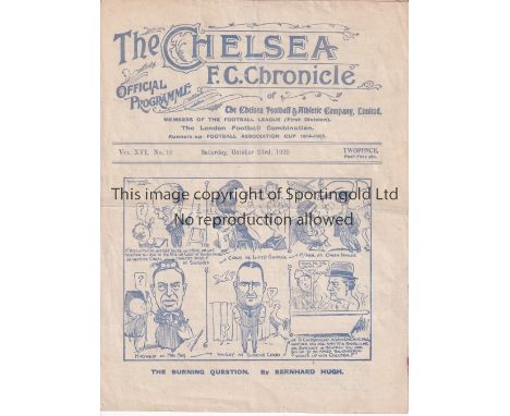 CHELSEA  / OLDHAM   Programme Chelsea v Oldham 23/10/1920. Not ex Bound Volume. Light horizontal fold. Small red stain at edg