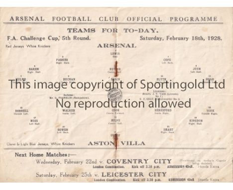 ARSENAL V ASTON VILLA 1928     Programme for the FA Cup match at Arsenal 18/2/1928, creased.   Fair to generally good
