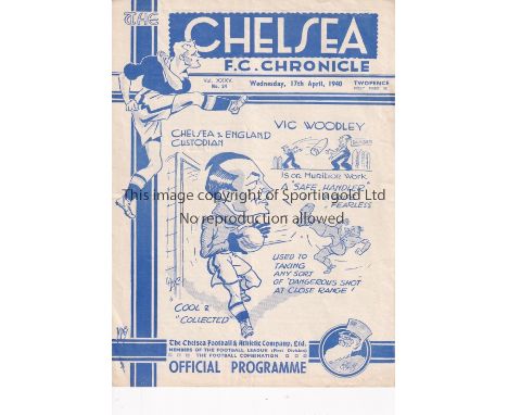 CHELSEA        Home programme v Arsenal  17/4/1940 . War League. 4 Page. Light horizontal fold. No writing. Generally good   