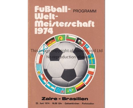 1974 WORLD CUP GERMANY      Programme  Zaire v Brazil 22/6/74 in Gelsenkirchen. Light brown cover.    Good