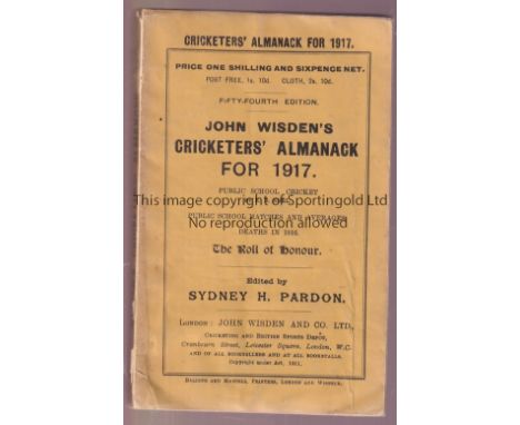 CRICKET WISDEN      Original soft back light brown coloured John Wisden Cricketers' Almanack for 1917. 54th Edition. Slight s