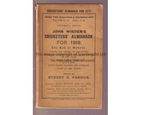 CRICKET WISDEN      Original soft back light brown coloured John Wisden Cricketers' Almanack for 1919. 56th Edition. Very sli