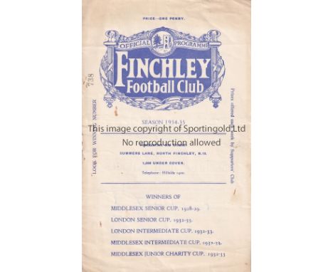 FINCHLEY / PARK ROYAL   Programme Finchley v Park Royal London League 22/12/1934. Staple rust. Some light foxing. No writing.