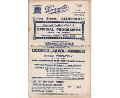 ALDERSHOT    Four page programme for the home London Combination match Reserves match against Luton Town Reserves 15/10/1932.