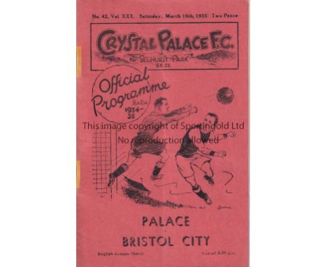 PALACE / BRIGHTON    Programme Crystal Palace v Brighton &amp; Hove Albion 16/3/1935. Restored at staple with light tape. Fai