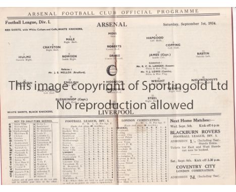 ARSENAL  V LIVERPOOL 1934      Programme for the League match at Arsenal 1/9/1934, slight vertical crease.    Generally good