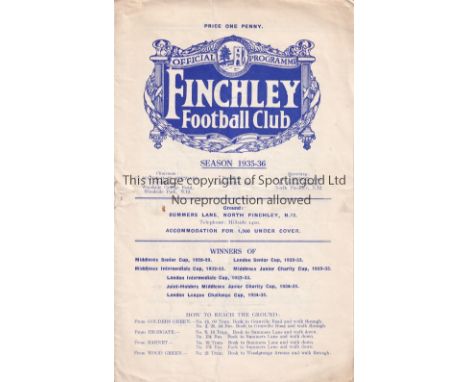 FINCHLEY / SOUTHALL     Programme Finchley v Southall FA Amateur Cup 9/11/1935. Lacks staples. Light horizontal fold. No writ