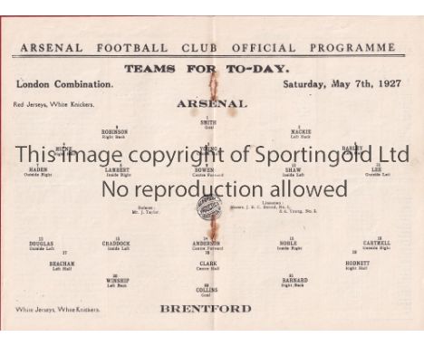 ARSENAL / BRENTFORD      Programme Arsenal Reserves v Brentford Reserves 7/5/1927. Lacking staples due to rust. No writing. F