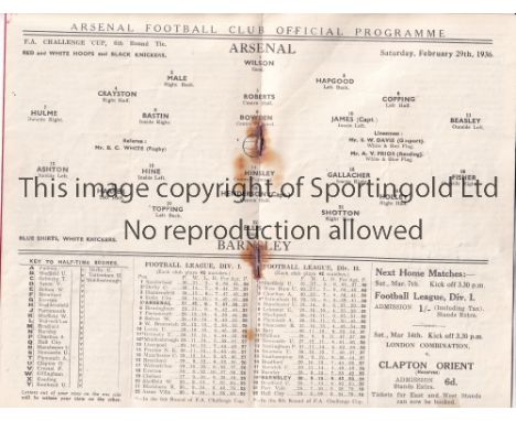 ARSENAL V BARNSLEY 1936    Programme for the FA Cup tie at Arsenal 29/2/1936 in their successful Cup season. Rust stains thro