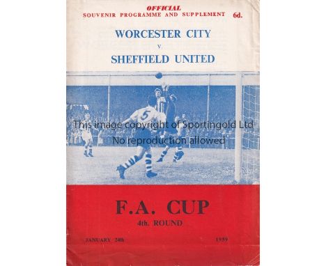 SHEFFIELD UNITED     Programme for the away FA Cup tie v. Worcester City 24/1/1959.   Generally good