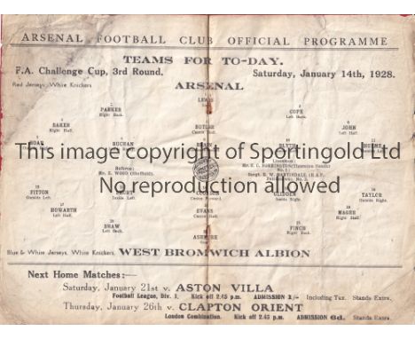 ARSENAL V WEST BROMWICH ALBION 1928     Programme for the FA Cup match at Arsenal, very creased and slightly worn.    Fair at