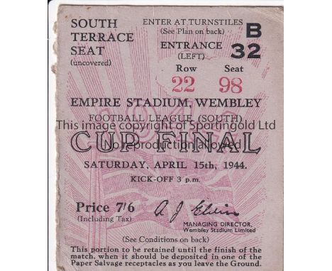1944 WAR CUP SOUTH  Match ticket for War Cup Final South, Chelsea v Charlton, 15/4/44 at Wembley, South Terrace Seat.  Genera