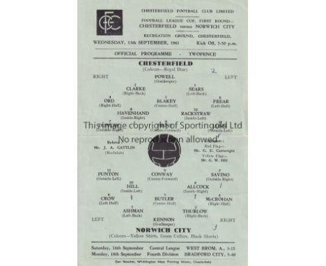 CHESTERFIELD  /  NORWICH     Single sheet programme League Cup 1st Round 13/9/1961. Light horizontal fold. Score / scorers in