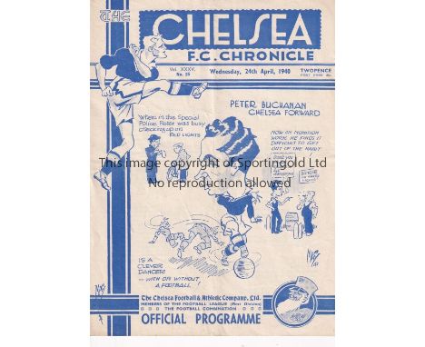 CHELSEA        Home programme v Millwall  24/4/1940 . War League. 4 Page. Light folds. No writing. Generally good         