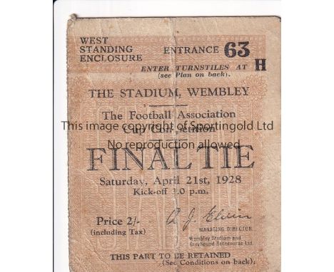1928 FA CUP FINAL   Ticket  1928 Cup Final, West Standing Enclosure, slight creases , fold.  Fair-generally good