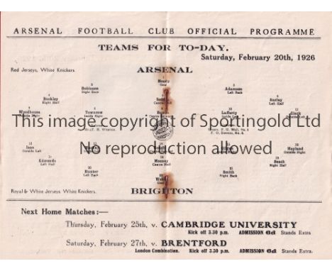 ARSENAL / BRIGHTON      Programme Arsenal Reserves v Brighton &amp; Hove Albion Reserves 20/2/1926. Lacking staples due to ru