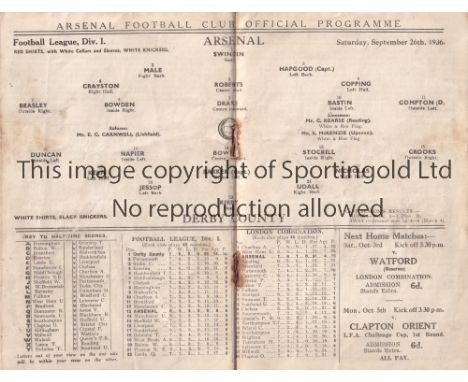 ARSENAL  V DERBY COUNTY 1936 / DENIS COMPTON        Programme for the League match at Arsenal 26/9/1936 in which Denis Compto