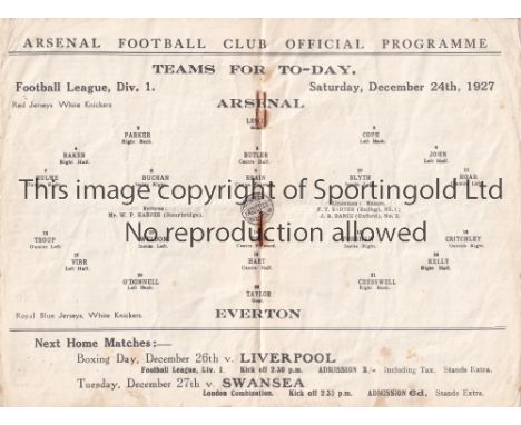 ARSENAL V EVERTON 1927     Programme for the League match at Arsenal 24/12/1927, creased.    Fair