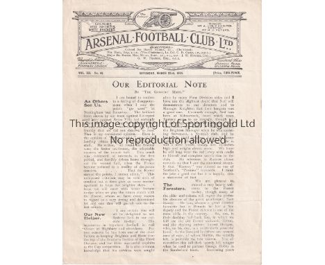 ARSENAL V NOTTINGHAM FOREST 1924    Programme for the League match at Arsenal 22/3/1924 with small hols near the top and bott