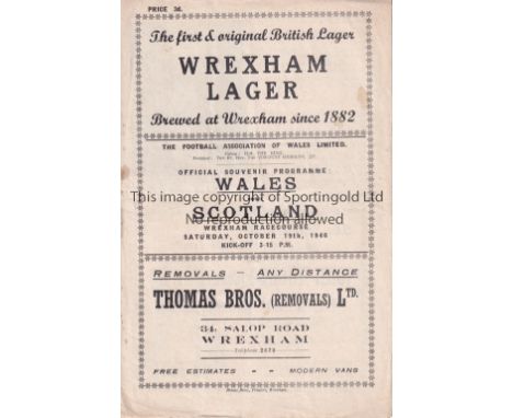 WALES / SCOTLAND     Programme Wales v Scotland at Wrexham 19/10/1946. Light staple rust. No writing. Generally good      
