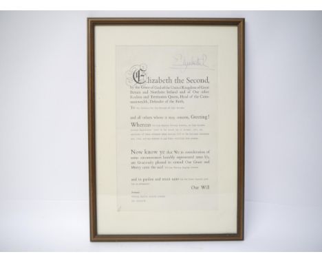 Elizabeth II (1926-2022), Queen of the United Kingdom 1952-2022, document signed "Elizabeth R" as Queen, 29th August 1962, bl
