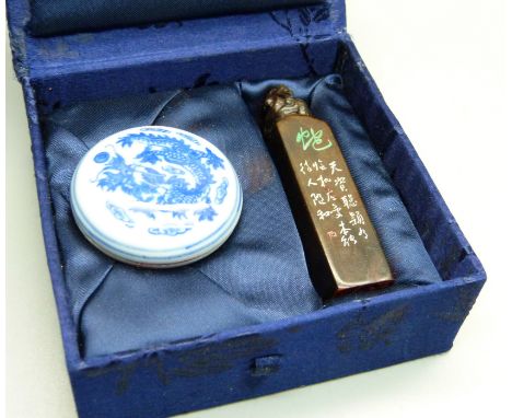 A Chinese hardstone seal, boxed 