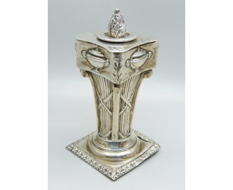 A white metal Corinthian column candlestick, 11cm with stopper 
