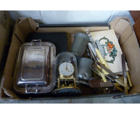 Cased cutlery, a chafing dish and loose cutlery, pewter tankards, anniversary clock, etc.