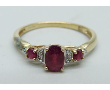 A 9ct gold, ruby and diamond ring, 1.8g, O 