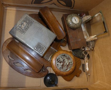 An oak hall tidy, a compass paperweight, a pair of candle snuffers, balance scales, a photograph frame, etc. 