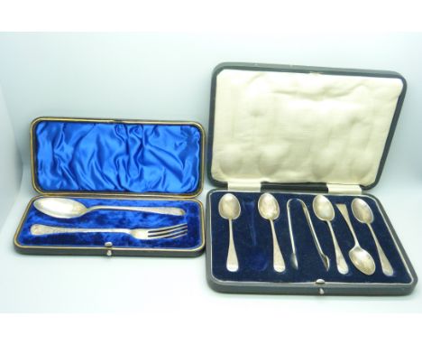 A cased silver spoon and fork and a cased set of silver spoons and sugar bows, one spoon missing, 162g 