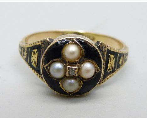 A 15ct gold, seed pearl, diamond and enamel mourning ring, 2.7g, O 