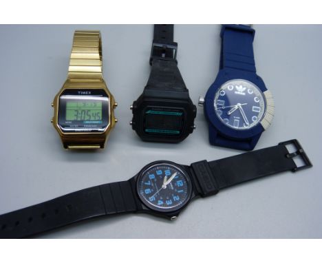 Four wristwatches, 2x Casio, Timex digital and Adidas 