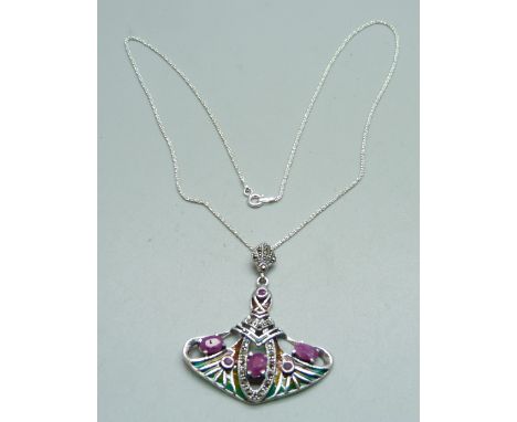 A silver plique-a-jour and ruby pendant and chain 