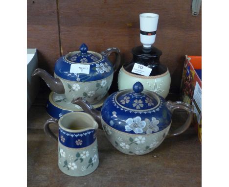 Langley Pottery Princess Ware stoneware including two tea pots and a Denby Pottery table lamp base 