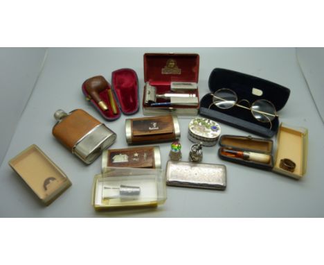 A pair of rolled gold spectacles, plated box, two snuff boxes, hip flask, etc. 