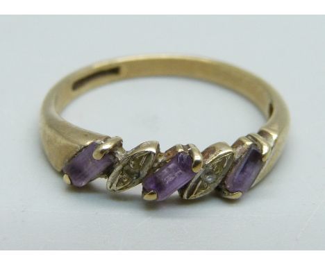 A 9ct gold, amethyst and diamond ring, 1.8g, P 