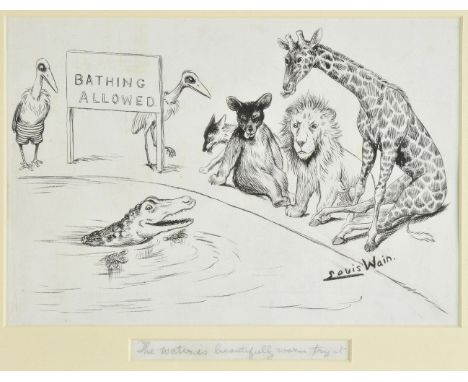 *Wain (Louis, 1860-1939). The water is beautifully warm, try it,  pen and black ink on white paper, signed lower right, inscr
