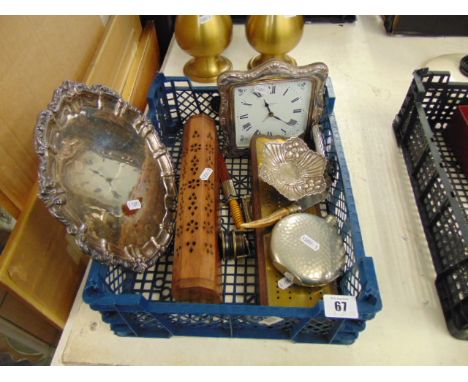 A qty of assorted items, two silver framed clocks, a dish, silver plated salver, flask, cribbage board, dagger etc.